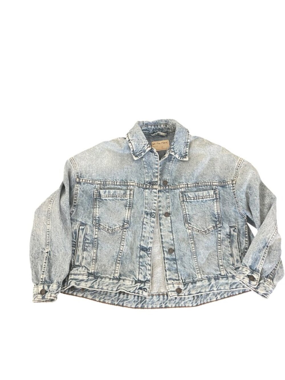 Free People We The Free Acid Wash Denim Jacket XS Oversized Cropped Jean Jacket - Picture 3 of 6